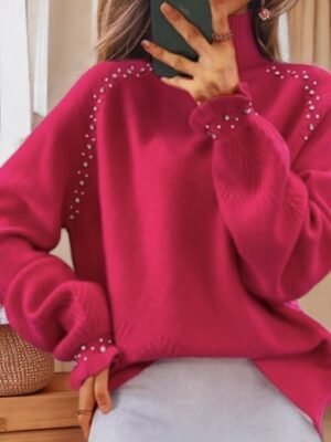 Casual Regular Beaded Turtleneck Long Sleeve Regular Top - Image 4