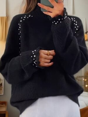 Casual Regular Beaded Turtleneck Long Sleeve Regular Top - Image 5
