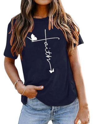 Casual Regular Butterfly Letter Round Neck Short Sleeve Top - Image 5