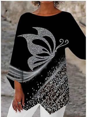 Casual Regular Butterfly Print Round Neck Long Sleeve Asymmetrical Hem Chiffon Top - Image 1