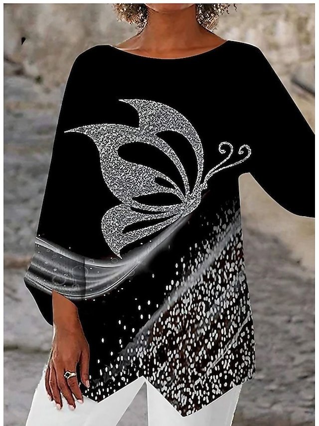 Casual Regular Butterfly Print Round Neck Long Sleeve Asymmetrical Hem Chiffon Top - Image 1