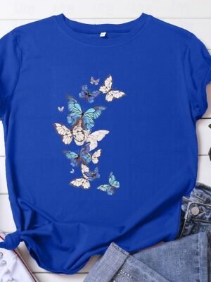 Casual Regular Butterfly Print Round Neck Short Sleeve Summer T-Shirt - Image 11