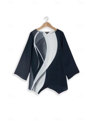 Casual Regular Butterfly Print Round Neck Long Sleeve Asymmetrical Hem Chiffon Top - Image 11