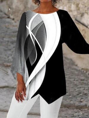 Casual Regular Butterfly Print Round Neck Long Sleeve Asymmetrical Hem Chiffon Top - Image 4