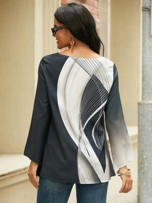 Casual Regular Butterfly Print Round Neck Long Sleeve Asymmetrical Hem Chiffon Top - Image 5