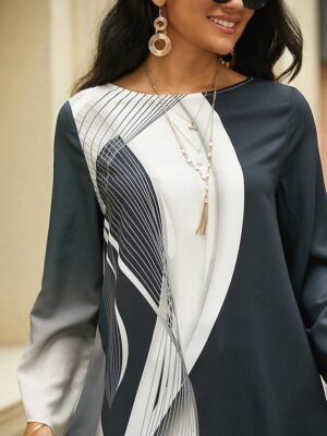 Casual Regular Butterfly Print Round Neck Long Sleeve Asymmetrical Hem Chiffon Top - Image 7