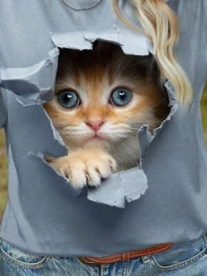 Casual Regular Cat Crew Neck Short Sleeve T-Shirt - Image 3