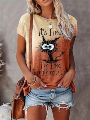 Casual Regular Cat Patchwork Print Round Neck Short Sleeve T-shirt - Image 1