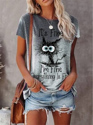 Casual Regular Cat Patchwork Print Round Neck Short Sleeve T-shirt - Image 3