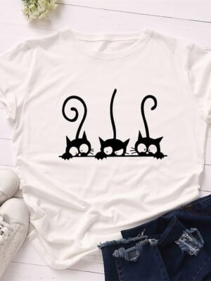 Casual Regular Cat Print Crew Neck Short Sleeve Tee - Image 1