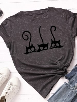 Casual Regular Cat Print Crew Neck Short Sleeve Tee - Image 10