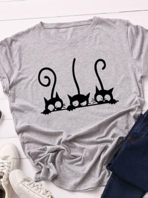 Casual Regular Cat Print Crew Neck Short Sleeve Tee - Image 12
