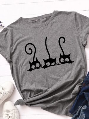 Casual Regular Cat Print Crew Neck Short Sleeve Tee - Image 14
