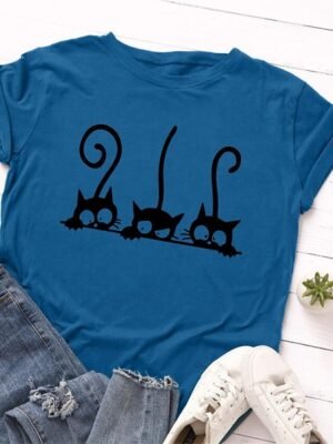 Casual Regular Cat Print Crew Neck Short Sleeve Tee - Image 2