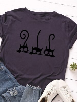 Casual Regular Cat Print Crew Neck Short Sleeve Tee - Image 3
