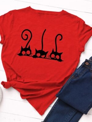 Casual Regular Cat Print Crew Neck Short Sleeve Tee - Image 5