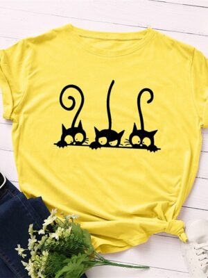 Casual Regular Cat Print Crew Neck Short Sleeve Tee - Image 6