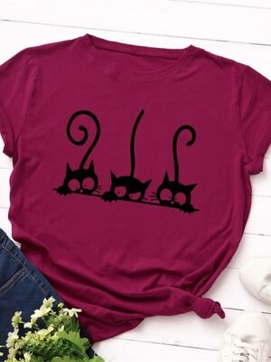 Casual Regular Cat Print Crew Neck Short Sleeve Tee - Image 7