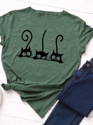 Casual Regular Cat Print Crew Neck Short Sleeve Tee - Image 8