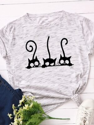 Casual Regular Cat Print Crew Neck Short Sleeve Tee - Image 9