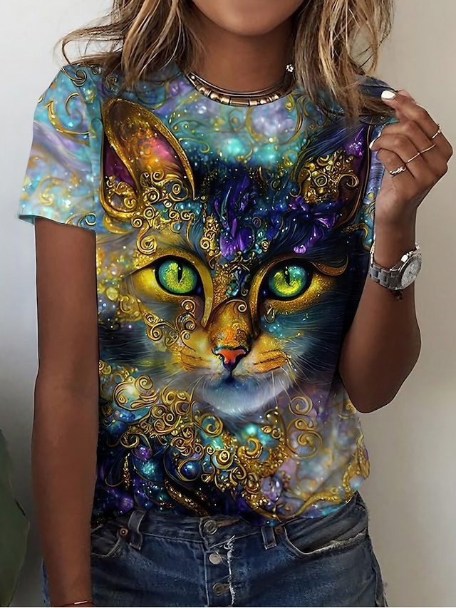 Casual Regular Cat Print Round Neck Short Sleeve Top - Image 1