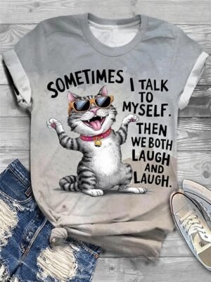 Casual Regular Cat Print Round Neck Short Sleeve T-Shirt - Image 1
