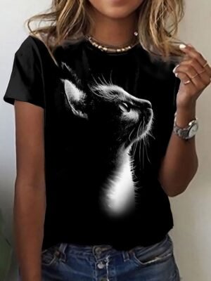 Casual Regular Cat Print Round Neck Short Sleeve Tops - Image 1