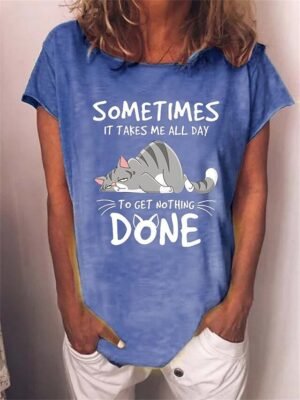 Casual Regular Cat Print Round Neck Short Sleeve Top - Image 2