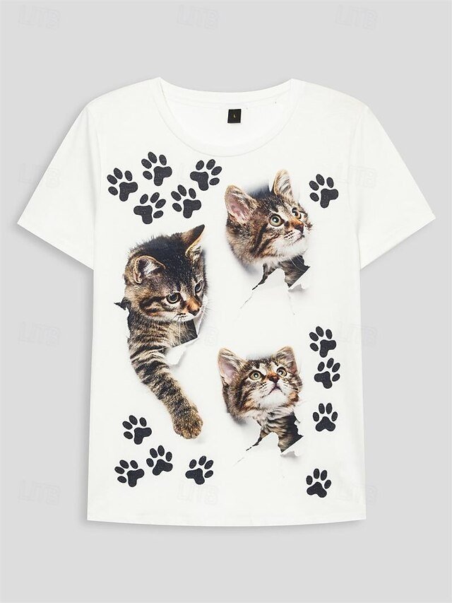 Casual Regular Cat Print Round Neck Short Sleeve Top - Image 2