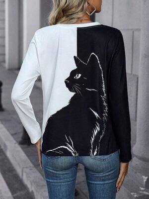 Casual Regular Cat Print Round Neck Short Sleeve Tops - Image 3