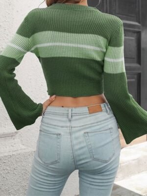 Casual Regular Color Block Crew Neck Long Sleeve Crop Knit - Image 13