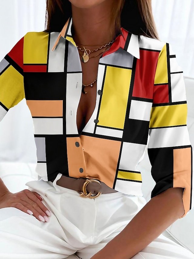 Casual Regular Color Block Shirt Collar Long Sleeve Blouse - Image 1