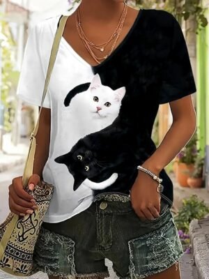 Casual Regular Colour Block Cat Print V Neck Short Sleeve Summer Top - Image 1