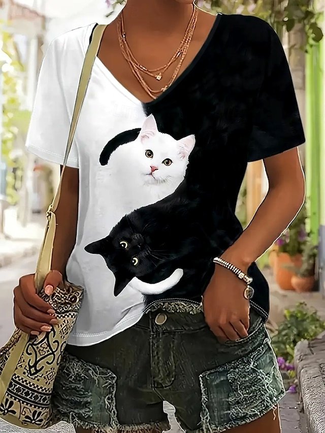 Casual Regular Colour Block Cat Print V Neck Short Sleeve Summer Top - Image 1
