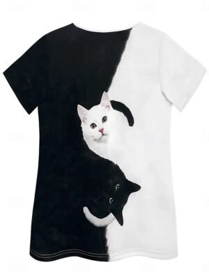 Casual Regular Colour Block Cat Print V Neck Short Sleeve Summer Top - Image 2