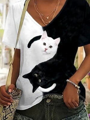 Casual Regular Colour Block Cat Print V Neck Short Sleeve Summer Top - Image 3
