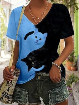 Casual Regular Colour Block Cat Print V Neck Short Sleeve Summer Top - Image 4