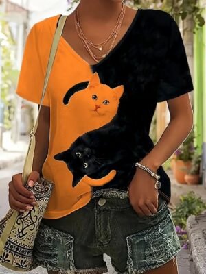 Casual Regular Colour Block Cat Print V Neck Short Sleeve Summer Top - Image 5