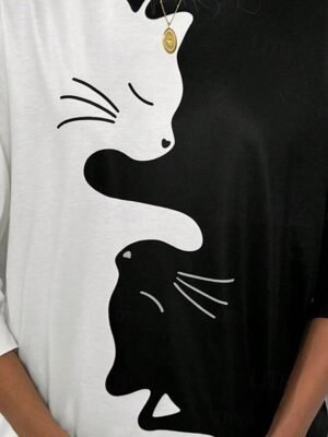 Casual Regular Colour Block Cat Print V Neck Short Sleeve Summer Top - Image 8