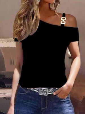 Casual Regular Colour Block Cold Shoulder Short Sleeve Top - Image 1