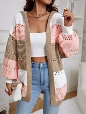 Casual Regular Colour Block Crew Neck Hooded Lantern Sleeve Long Sleeve Knit Sweater - Image 1