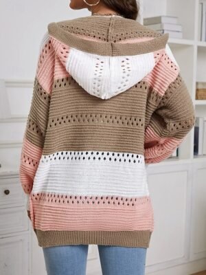 Casual Regular Colour Block Crew Neck Hooded Lantern Sleeve Long Sleeve Knit Sweater - Image 2