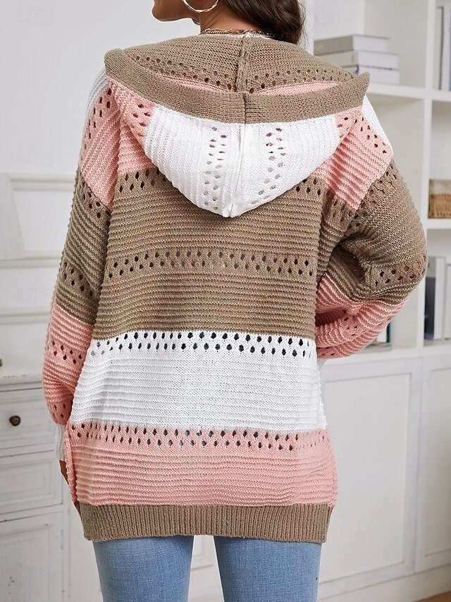 Casual Regular Colour Block Crew Neck Hooded Lantern Sleeve Long Sleeve Knit Sweater - Image 2