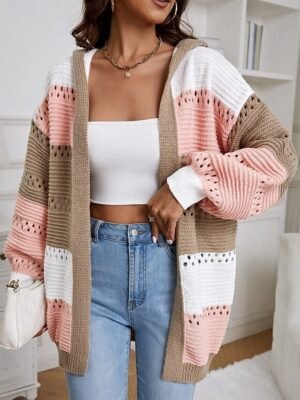 Casual Regular Colour Block Crew Neck Hooded Lantern Sleeve Long Sleeve Knit Sweater - Image 3