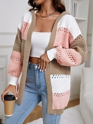 Casual Regular Colour Block Crew Neck Hooded Lantern Sleeve Long Sleeve Knit Sweater - Image 4