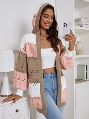 Casual Regular Colour Block Crew Neck Hooded Lantern Sleeve Long Sleeve Knit Sweater - Image 5