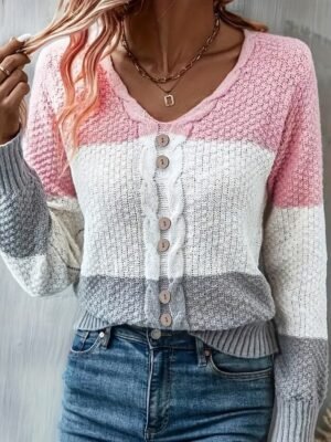 Casual Regular Colour Block Crew Neck Long Sleeve Knitted Top - Image 1