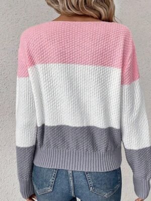 Casual Regular Colour Block Crew Neck Long Sleeve Knitted Top - Image 2