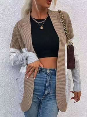 Casual Regular Colour Block Open Front Long Sleeve Cardigan - Image 1