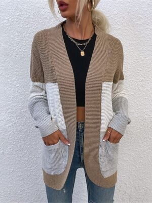Casual Regular Colour Block Open Front Long Sleeve Cardigan - Image 2